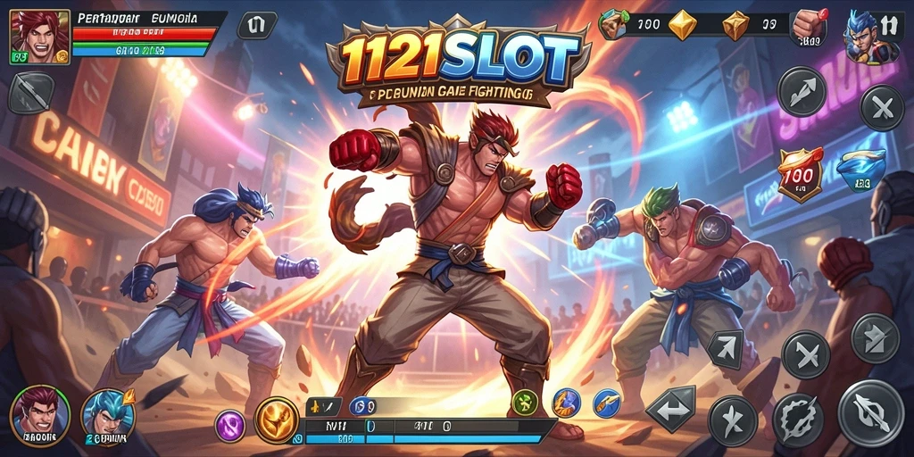 Screenshot game Fighting 1121SLOT menunjukkan pertarungan intens dan karakter yang dinamis.