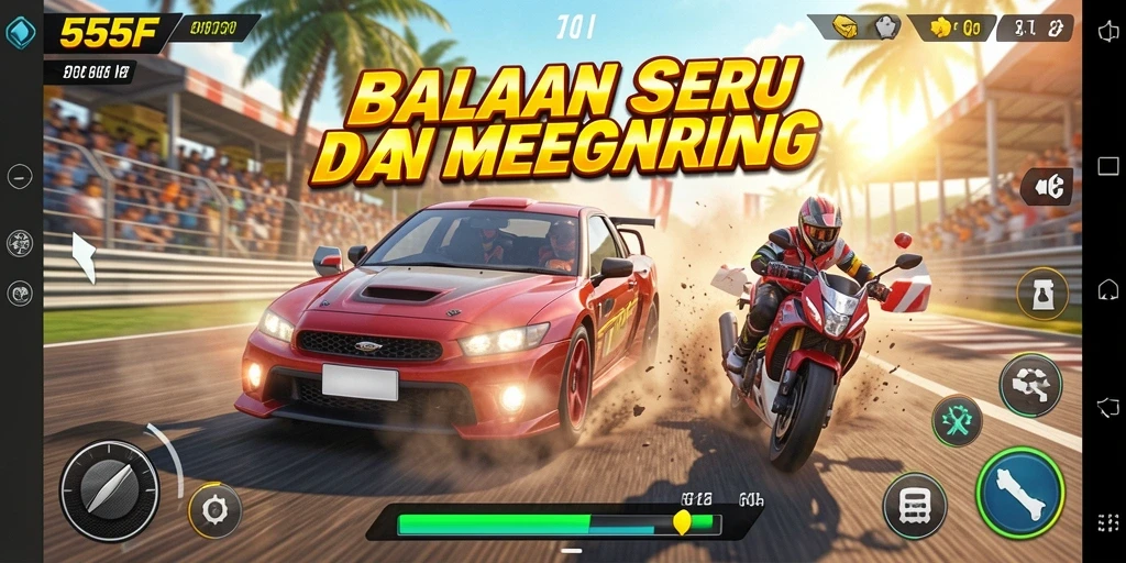 Screenshot utama 555F menampilkan aksi balapan yang seru di lintasan.