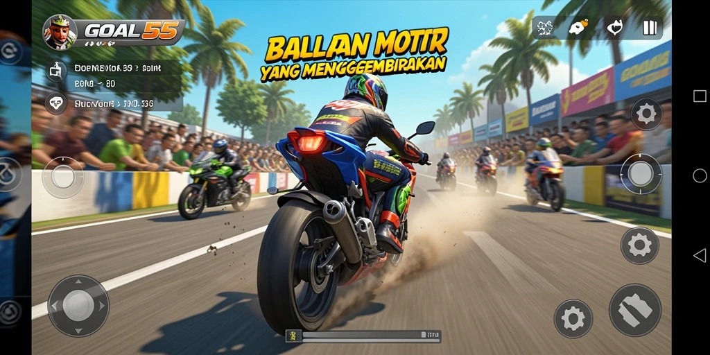 Tampilan gameplay seru dari balapan motor di GOAL55.