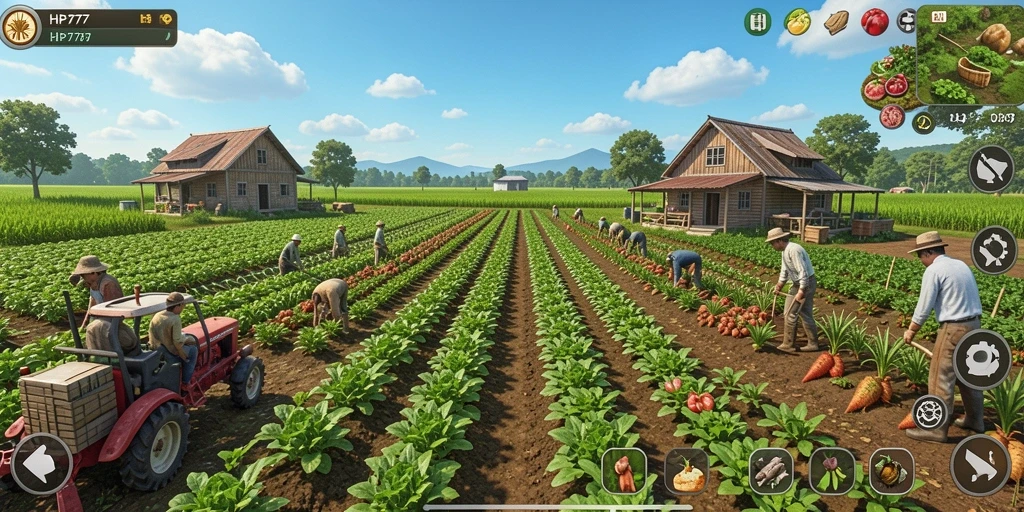 Tampilan gameplay HP777 menunjukkan aktivitas pertanian yang menyenangkan.