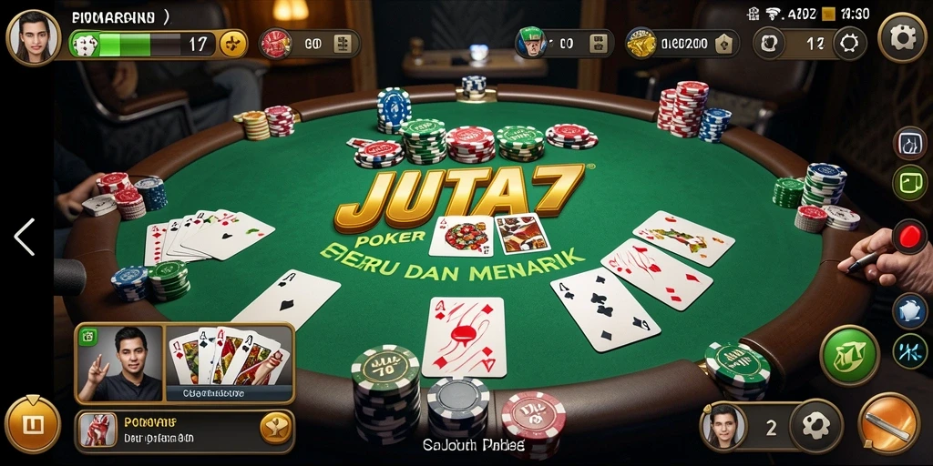Tampilan utama gameplay JUTA7 yang seru dengan pemain poker aktif.