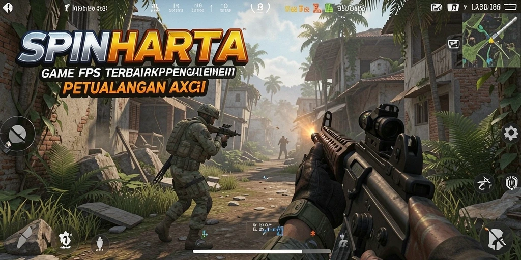 Tampilan mendebarkan dari gameplay SPINHARTA dalam pertempuran FPS.